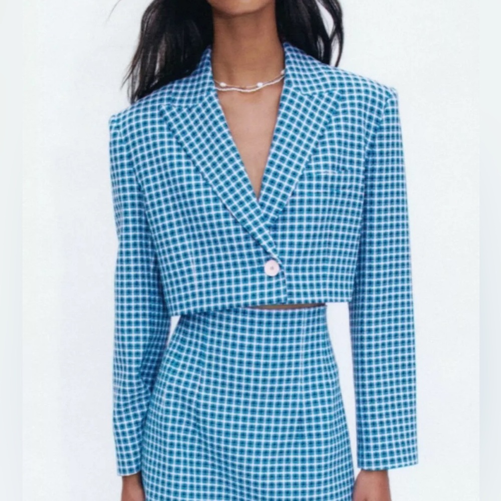 NWT ZARA BLAZER CHECKED CROPPED LAPEL COLLAR SIZE SMALL